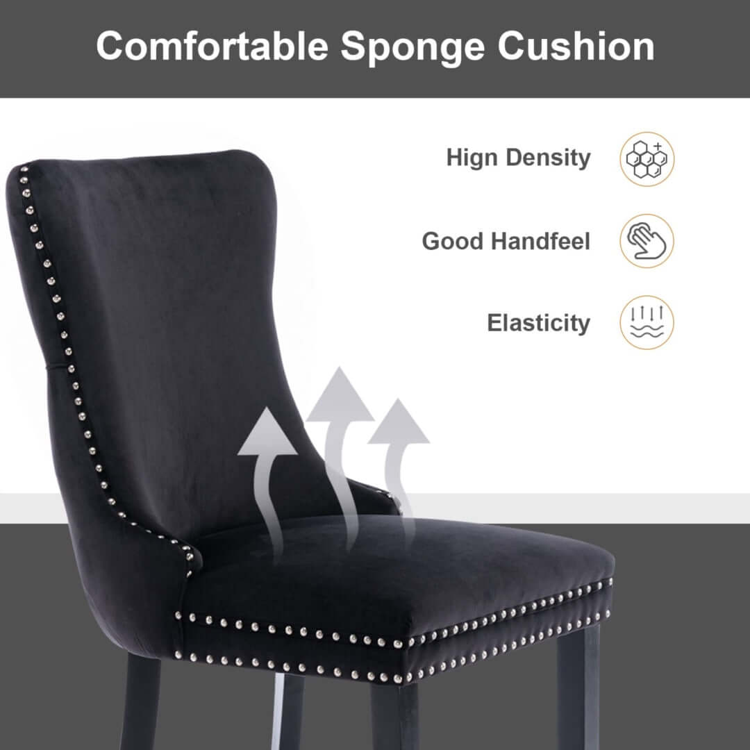 Black velvet upholstered dining chair with comfortable sponge cushion, featuring high density, good handfeel, and elasticity.