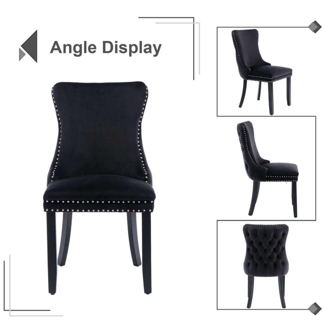 Velvet upholstered black dining chairs with studs trim and solid wood legs displaying front, side, and back views for angle comparison.