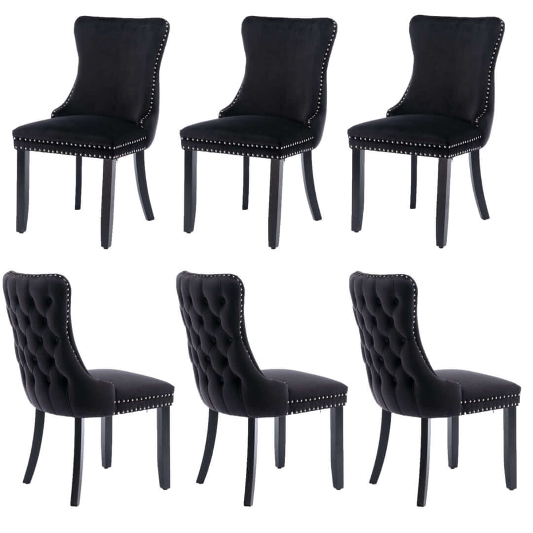 Six black velvet upholstered dining chairs with tufted design, stud trim, and solid wood legs, shown from front and back views.