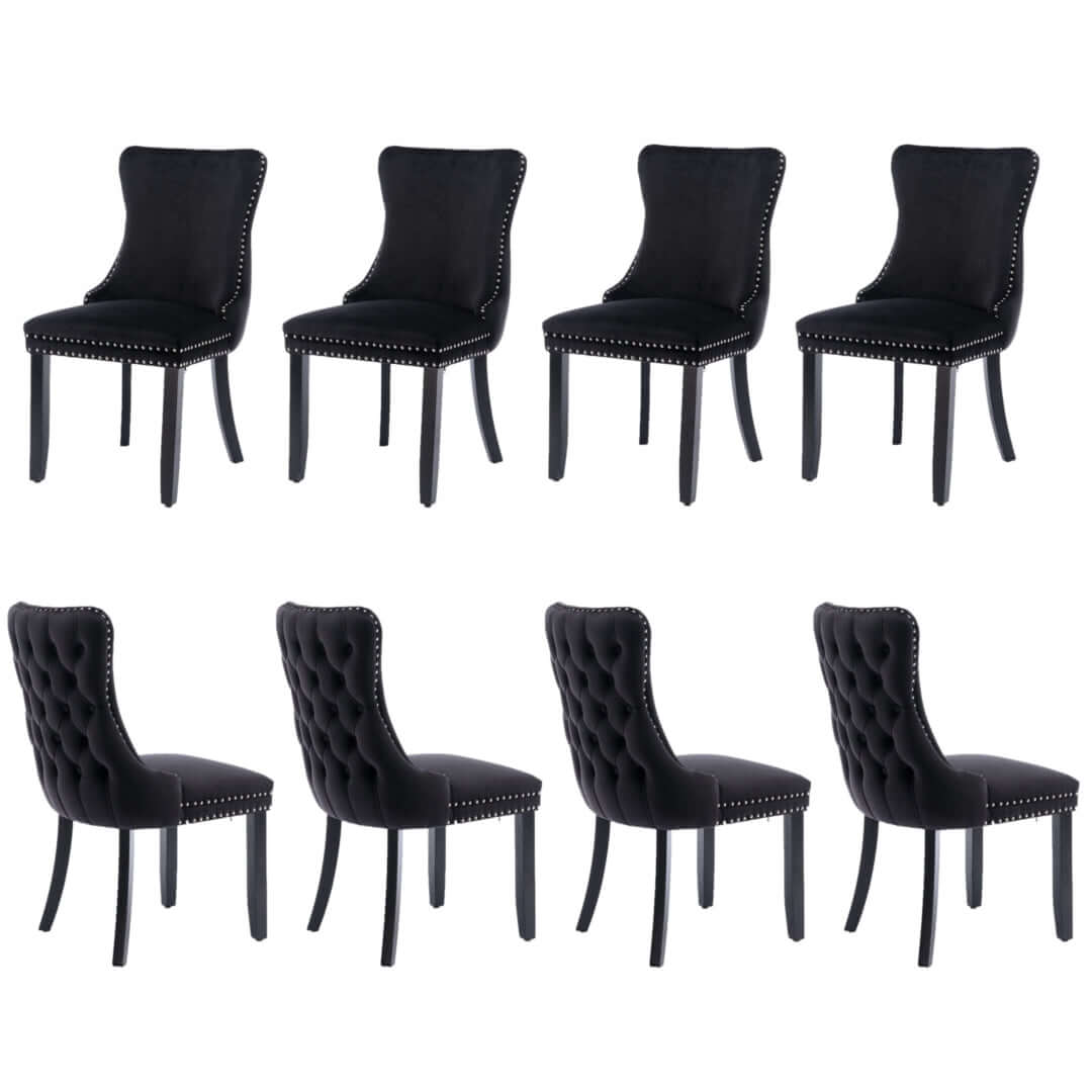 8x black velvet upholstered dining chairs with tufted design, studs trim, and solid wood legs, elegant modern style