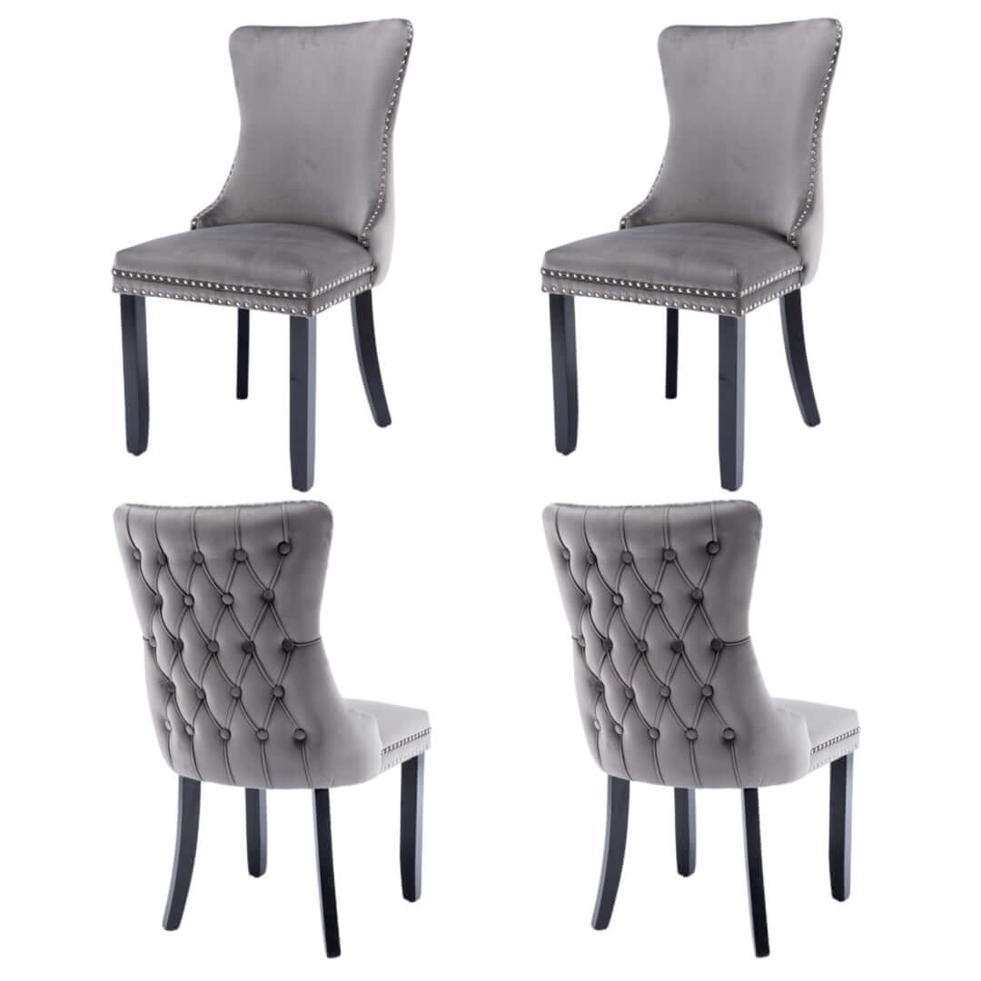 4x velvet upholstered dining chairs with tufted wingback design, stud trim, and solid wood legs for kitchen dining.