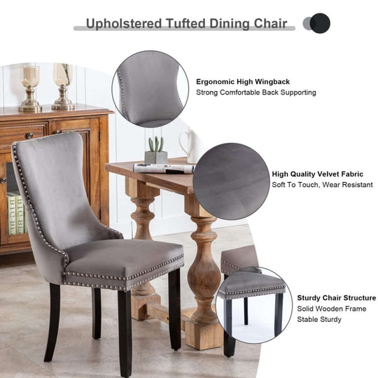 Velvet upholstered tufted dining chair with ergonomic high wingback, studs trim, high-quality velvet fabric, and sturdy solid wood legs.