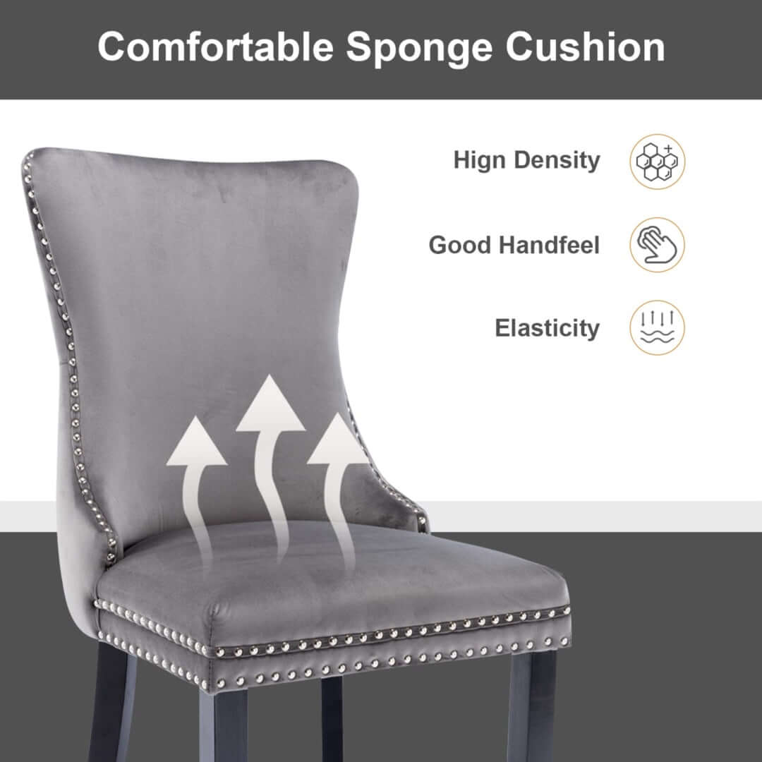 Velvet upholstered dining chairs with tufted back, high density cushion, and solid wood legs featuring studs trim for elegant kitchen decor