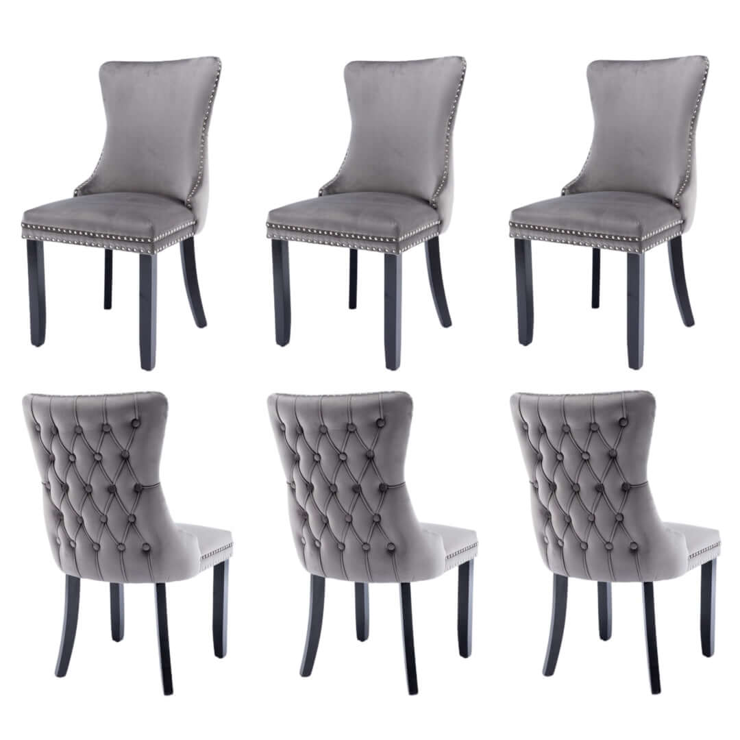 6 velvet upholstered dining chairs with tufted wingback, studs trim, and solid wood legs for kitchen, modern side chairs set.