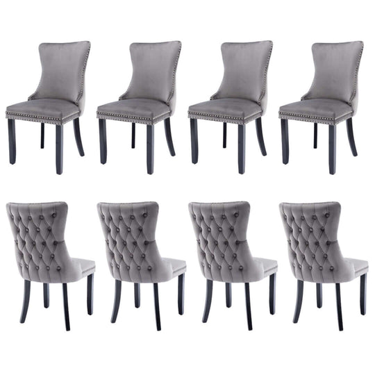 8x velvet upholstered dining chairs with tufted wingback design, stud trim, and solid wood legs for kitchen