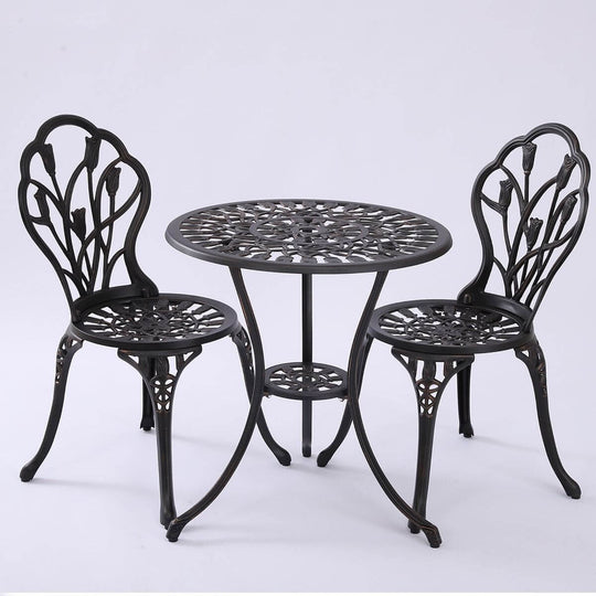 2 Seater Dominique Cast Aluminium Bistro Set with intricate design, featuring two chairs and a round table, perfect for garden or balcony.