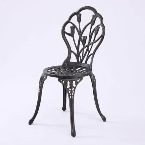 Bronze cast aluminium chair from Dominique 2 Seater Bistro Set with intricate floral design, perfect for garden or balcony use.