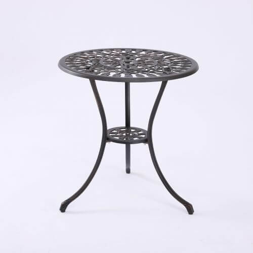 Round black cast aluminium bistro table with intricate design and sturdy legs