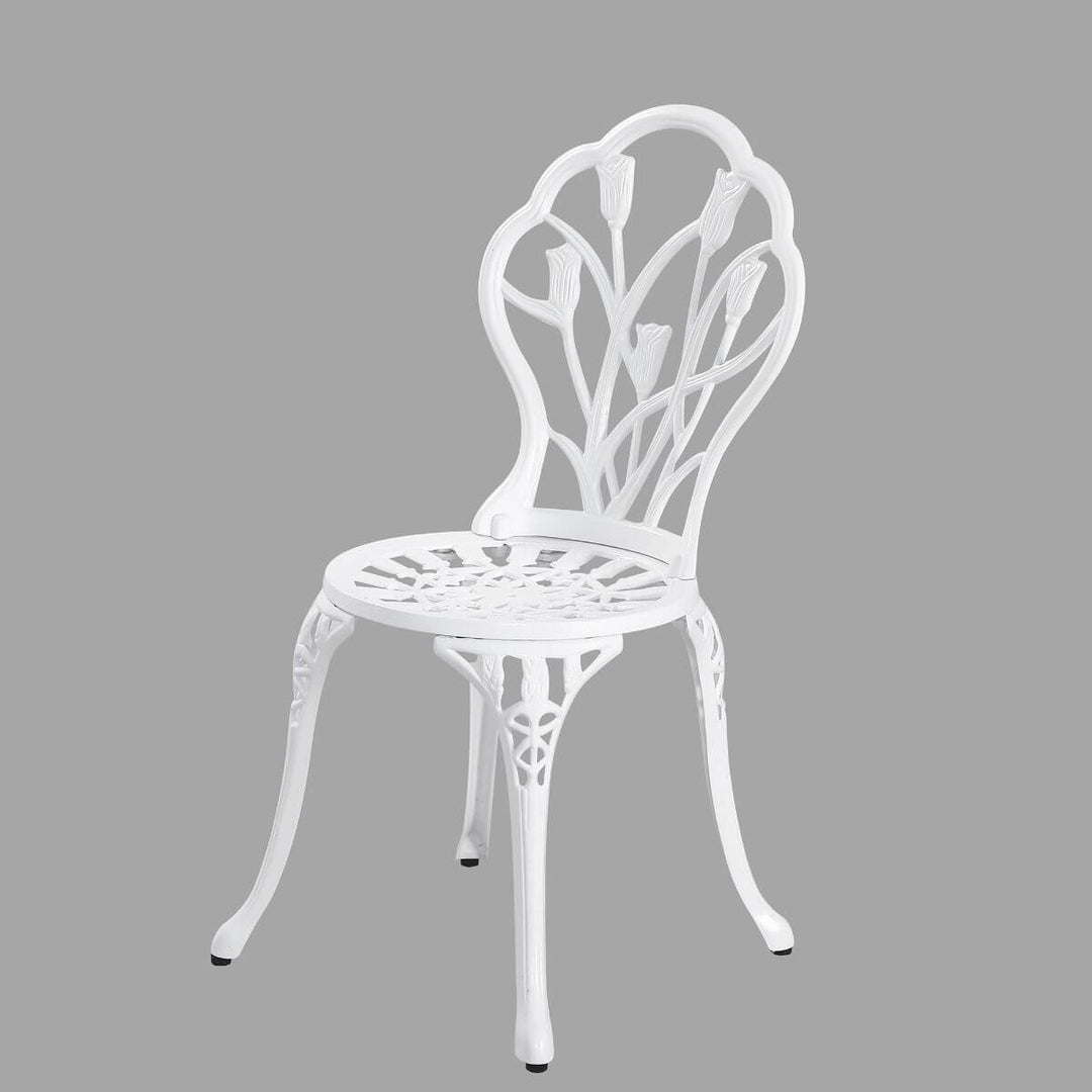 White cast aluminium bistro chair with floral design from the 2 Seater Dominique Bistro Set.