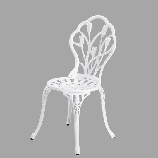 White cast aluminium bistro chair with floral design from the 2 Seater Dominique Bistro Set.