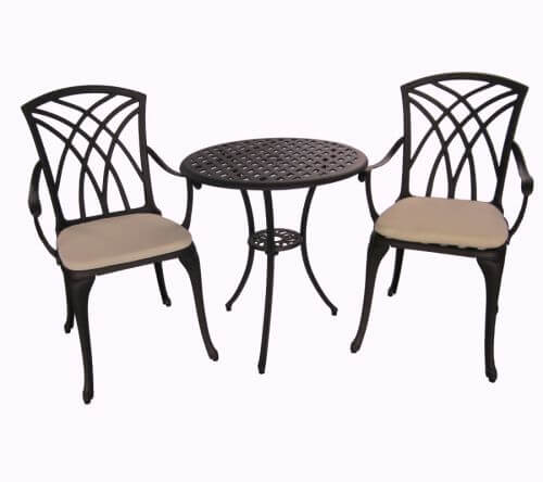 Mauritius 3 piece cast aluminium patio set with dark bronze finish and beige cushions, perfect for outdoor gatherings.