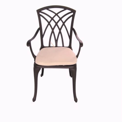 Dark bronze cast aluminium chair with beige cushion, perfect for affordable outdoor dining settings.