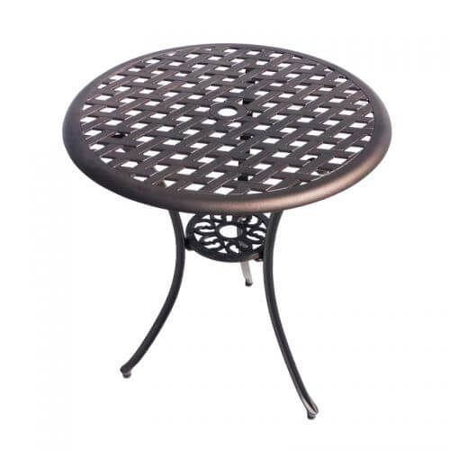 Affordable dark bronze cast aluminium table perfect for gardens or balconies, featuring sturdy design and elegant lattice pattern.