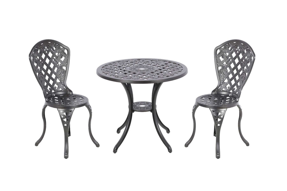 Stylish aluminum 3-piece outdoor seating set with two chairs and a round table, perfect for gardens and patios.