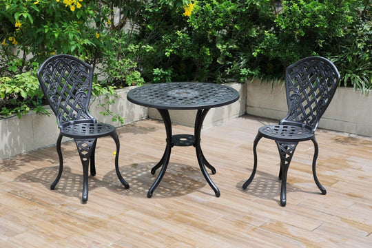 Affordable modern cast aluminum 3-piece outdoor dining set with two chairs and a round table. Perfect for patios and gardens.