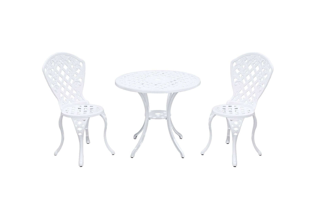 Modern white aluminum 3-piece outdoor furniture set, featuring two chairs and a round table for stylish outdoor living.