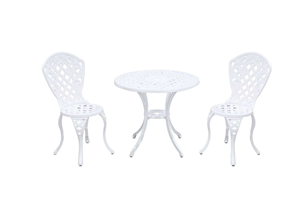 Modern white aluminum 3-piece outdoor furniture set, featuring two chairs and a round table for stylish outdoor living.