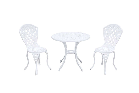 Modern white aluminum 3-piece outdoor furniture set, featuring two chairs and a round table for stylish outdoor living.