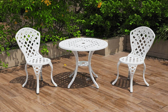 Modern aluminum 3-piece outdoor set with two chairs and a table, perfect for patios and gardens, affordable quality furniture.