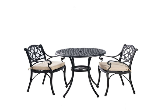 Marco 3 Piece Aluminium setting with black finish and beige cushions, perfect for outdoor relaxation.