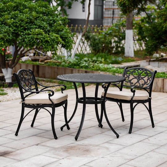 Marco Aluminium 3 Pce black outdoor setting with beige cushions, perfect for balconies, courtyards, and gardens.