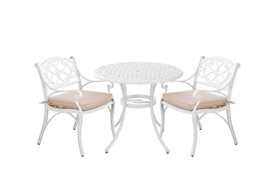 Marco 3 Piece Aluminium setting in white with beige cushions, ideal for outdoor relaxation and DIY assembly.