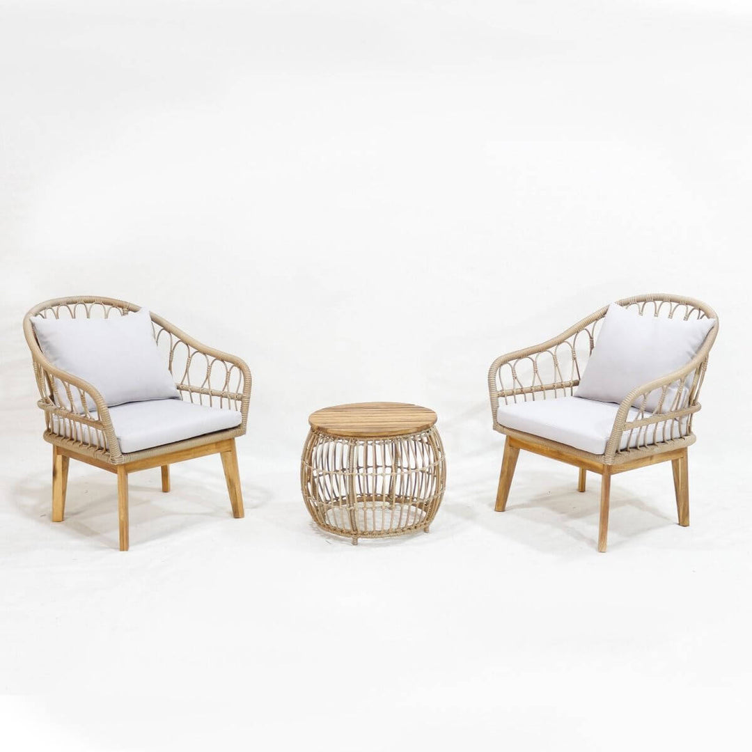 Valeria 3 Piece PE Wicker Furniture Set with two chairs and a stylish table for outdoor spaces.