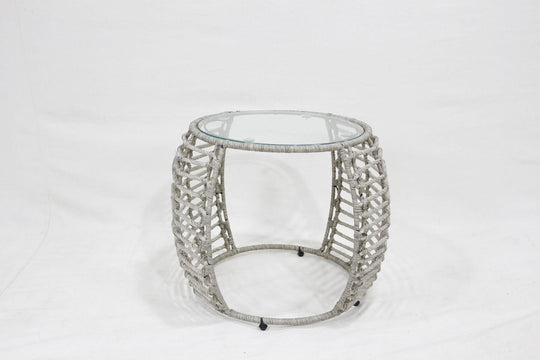 Stylish PE wicker glass-top side table for outdoor furniture set, perfect for garden and patio use.