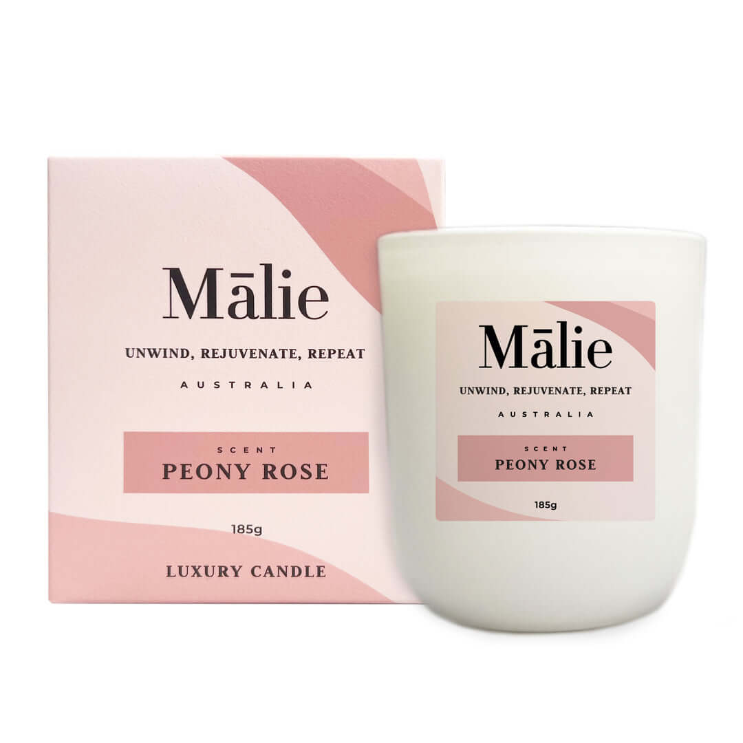 Peony Rose Luxury Soy Candle 185g by Malie in elegant packaging, perfect for DIY home decor and affordable luxury.