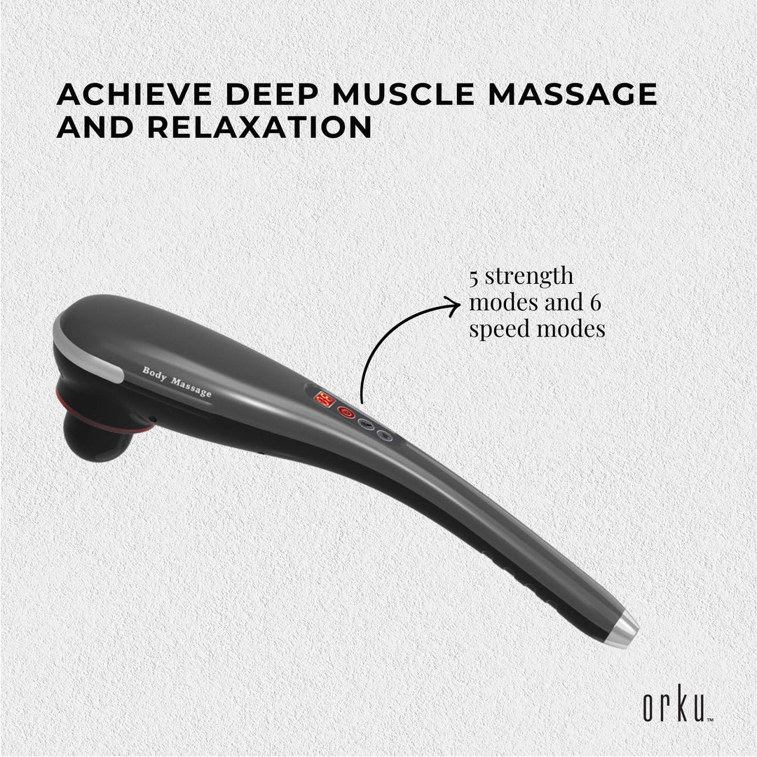 Rechargeable Body Hammer Massager with 5 strength and 6 speed modes for deep muscle relaxation, portable and affordable.