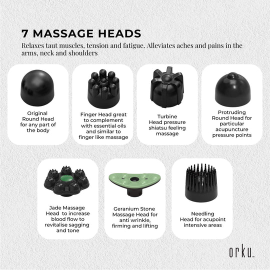 7 massage heads for deep muscle relief, featuring original, finger, turbine, protruding, jade, geranium stone, and needling options.