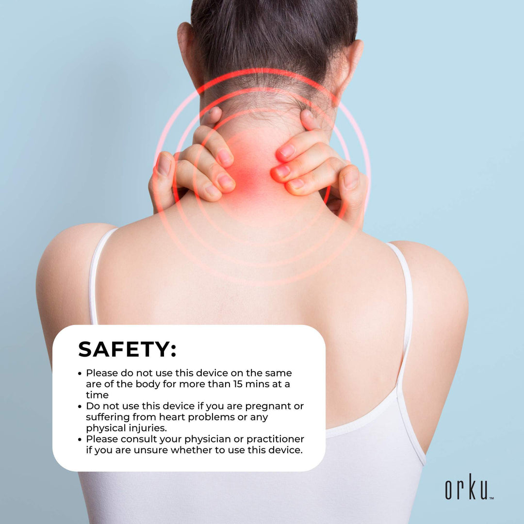 Woman using handheld massager on neck with safety instructions displayed, promoting relaxation and pain relief.