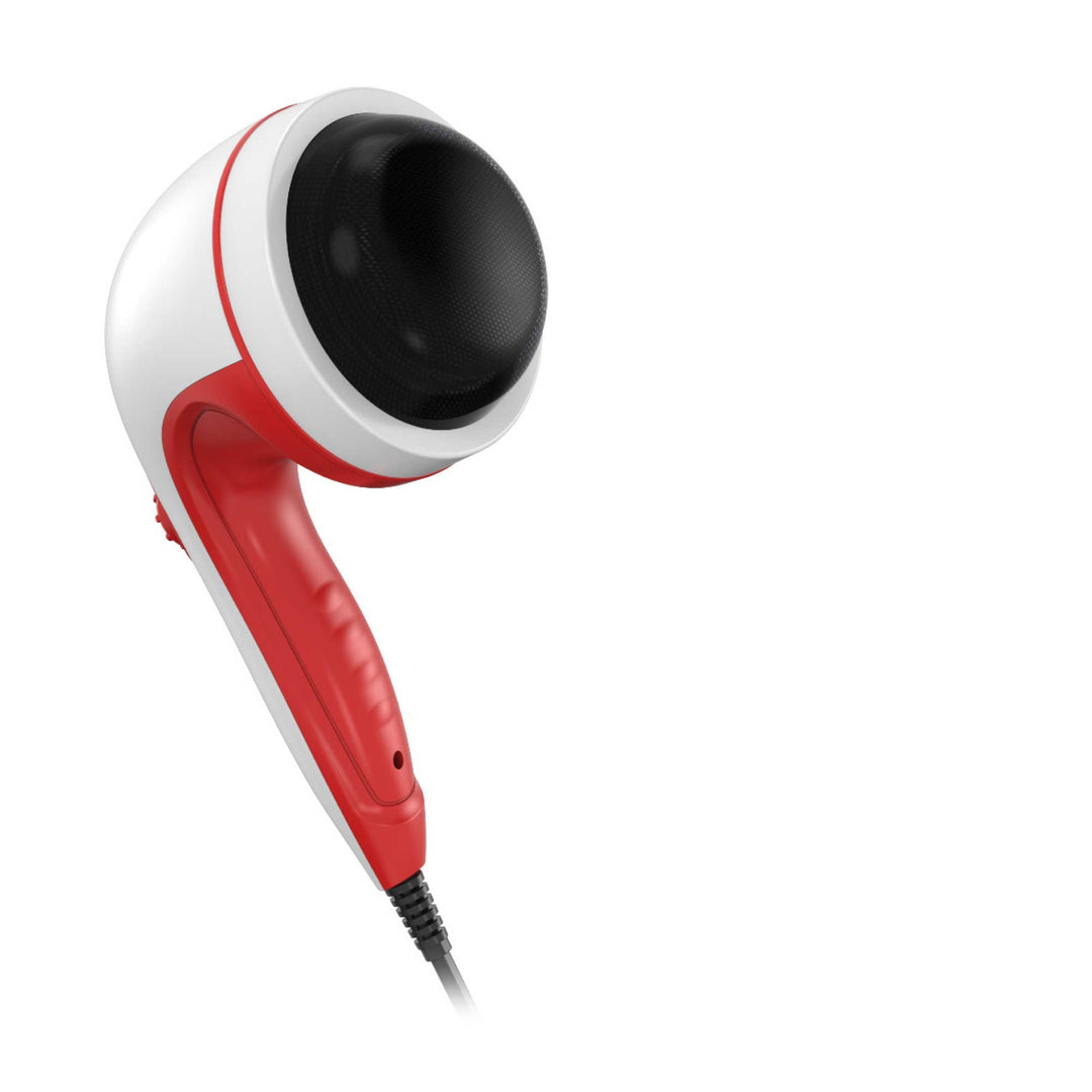 Handheld vibration massager in red and white, featuring ergonomic design and adjustable speed for effective muscle relief.