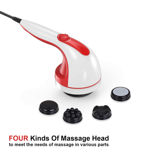 Handheld red vibration massager with four interchangeable massage heads for customizable, affordable DIY home therapy.