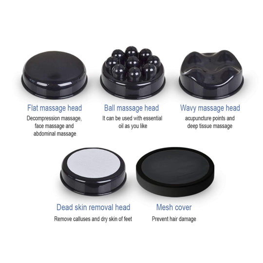 Five interchangeable massage heads for handheld massager: flat, ball, wavy, dead skin removal, and mesh cover.