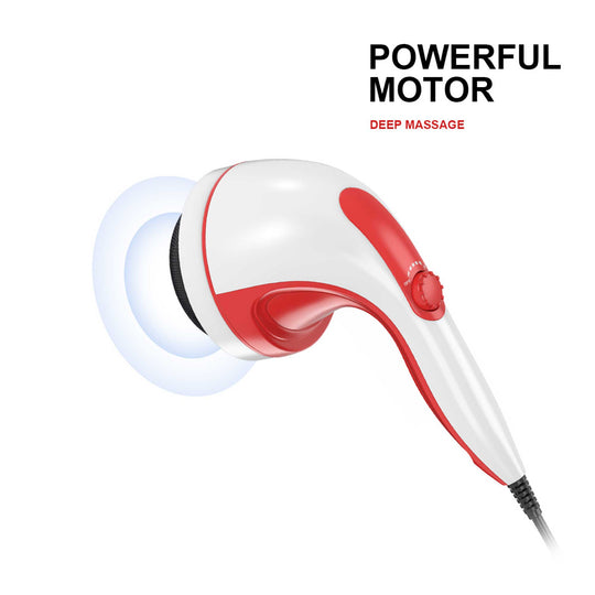 Handheld vibration massager in red with powerful motor for deep tissue massage, adjustable speed, and ergonomic design.