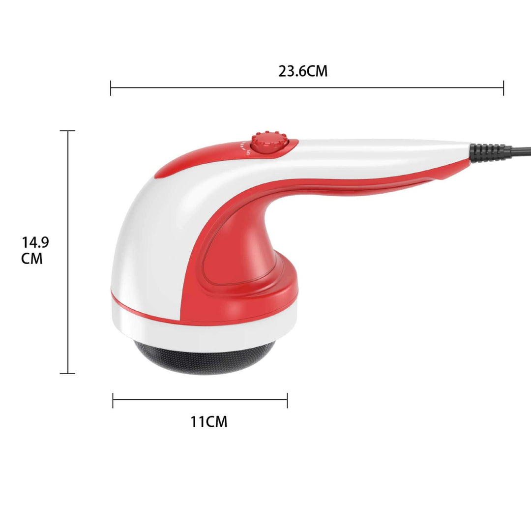 Handheld vibration massager in red and white, featuring adjustable speed and ergonomic design for quality muscle relief.