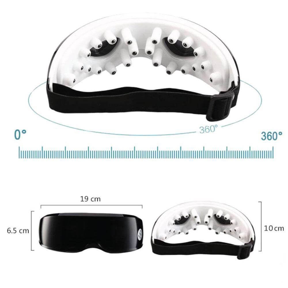 Affordable USB rechargeable eye care massager with 360-degree design, dimensions, and pressure vibration features.