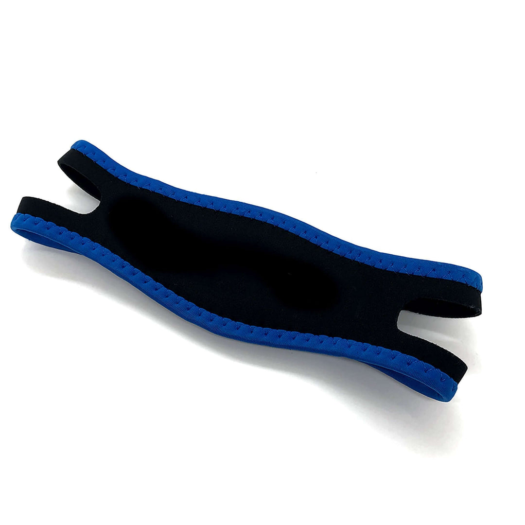 Adjustable neoprene anti snoring chin strap in black and blue design, offering affordable quality sleep support.