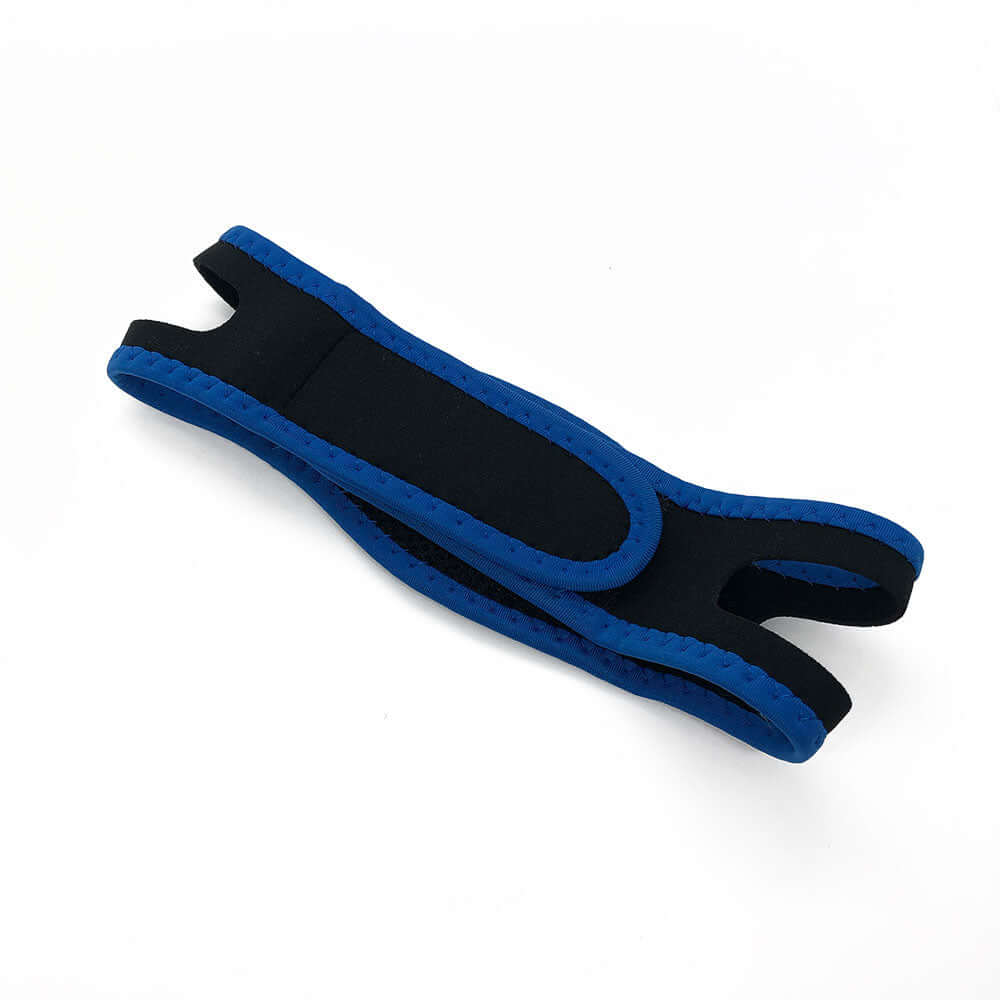 Adjustable anti-snoring chin strap in black and blue, designed to reduce snoring and improve sleep quality.