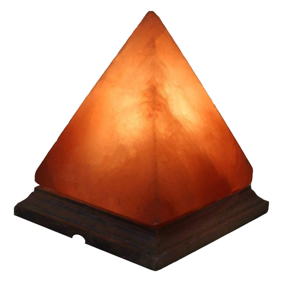 Pyramid Himalayan pink salt lamp with warm light, handcrafted, affordable home decor for ambient lighting.