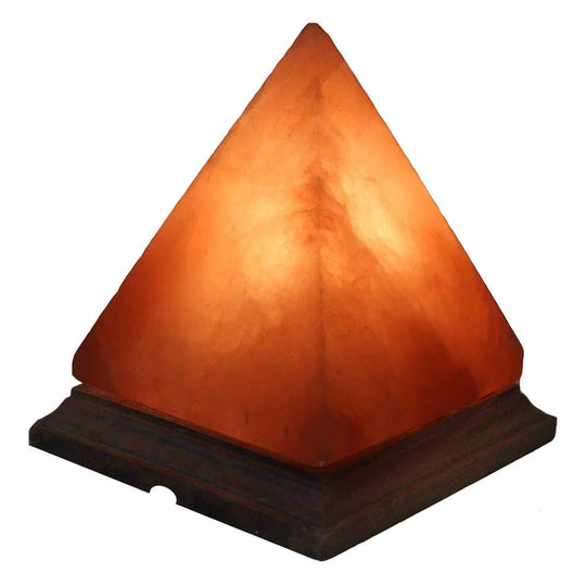 Pyramid Himalayan pink salt lamp with warm light, handcrafted, affordable home decor for ambient lighting.