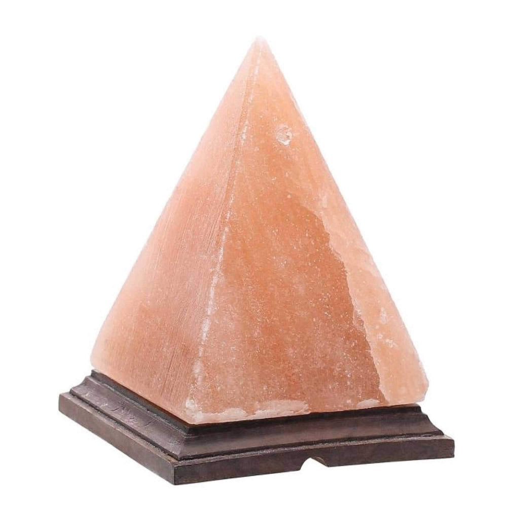 Affordable pyramid Himalayan pink salt lamp on wooden base for quality home decor and ambient lighting.