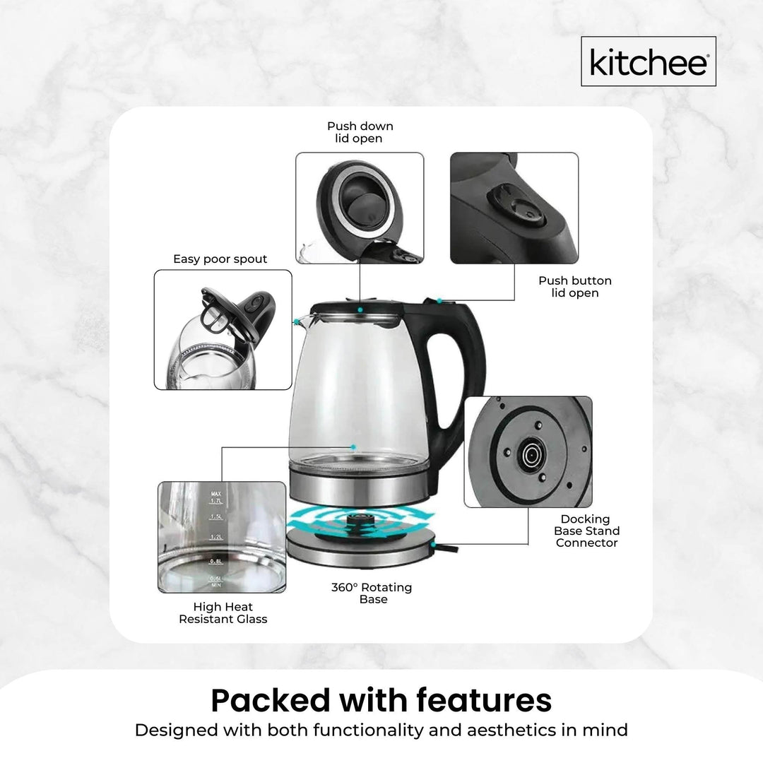 1.7L Electric Glass Kettle LED Blue Light 360 Automatic Cordless Water Boiling Jug