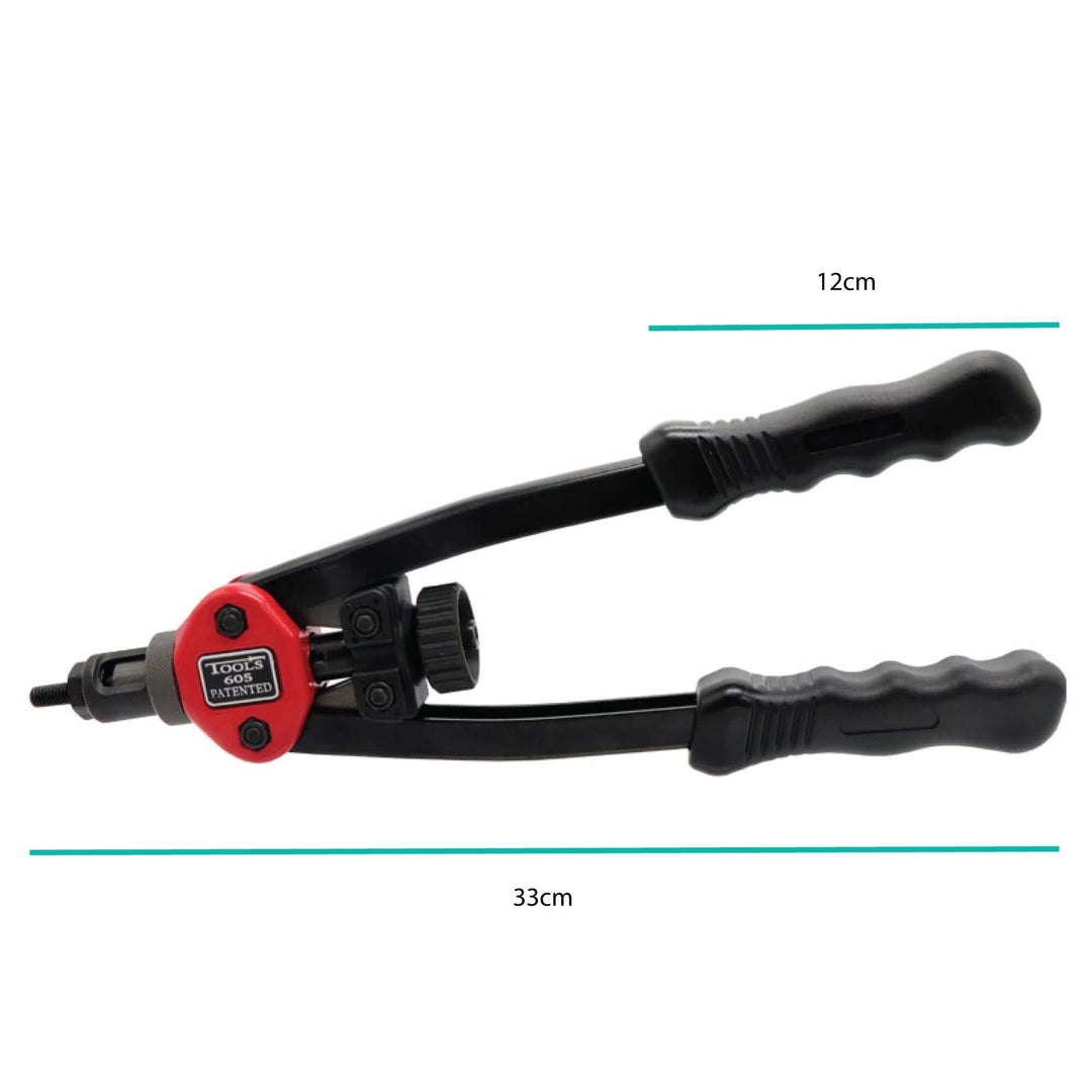 Riveter gun tool, 33cm long, ideal for DIY projects and construction, durable with comfortable grips.