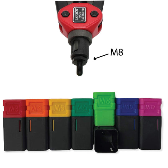 Riveter tool with M8 mandrel and color-coded inserts for M3 to M12, ideal for DIY and construction projects.