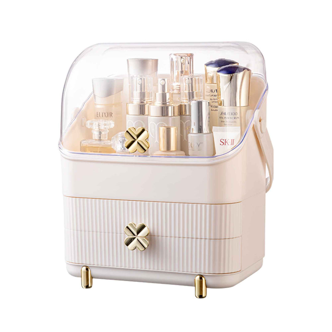 Affordable makeup display case organiser with clear top, drawers, and golden accents for quality cosmetic storage.