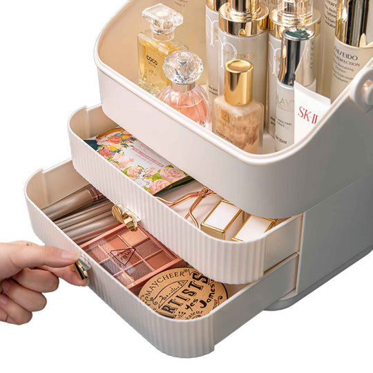 Affordable portable cosmetic organizer with drawers for makeup, perfume, and jewelry in stylish neutral colors.