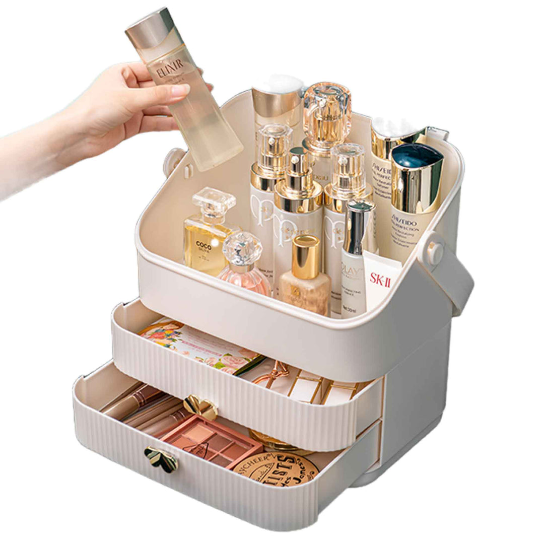 Portable cosmetic storage organizer with top compartment and two drawers for makeup and perfume, crafted from quality materials.