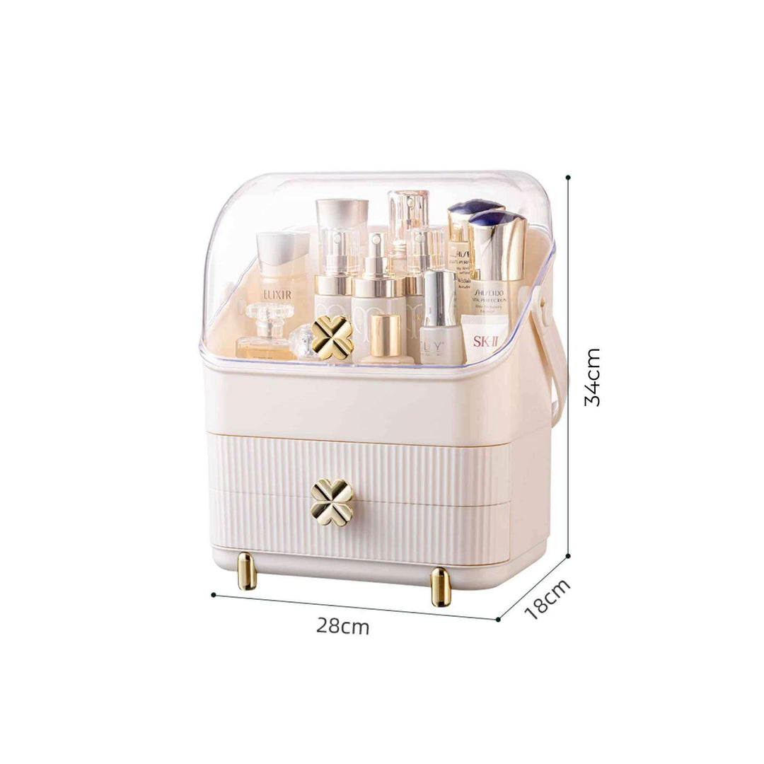 Affordable makeup display case organizer with clear top, two drawers, and portable design for cosmetics and jewelry.